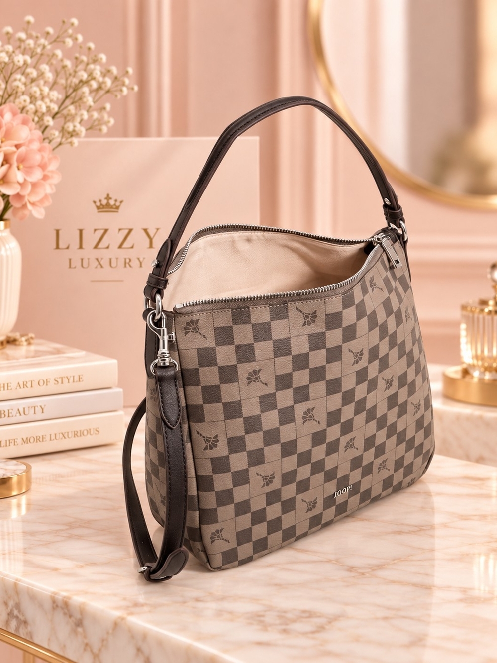 JOOP Flora Piazza Athina Taupe Brown Check Hobo Bag with Trim